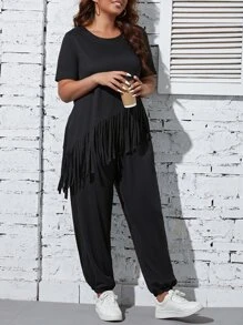 SHEIN LUNE Plus Fringe Trim Tee & Trousers - Black - View 3