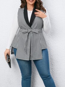 SHEIN LUNE Plus Houndstooth Print Belted Vest Blazer - Black and White - View 3