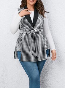 SHEIN LUNE Plus Houndstooth Print Belted Vest Blazer - Black and White - View 4