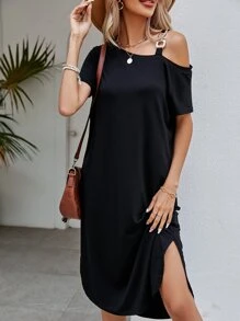 SHEIN LUNE Solid Chain Detail Asymmetrical Neck Dress - Black - View 1