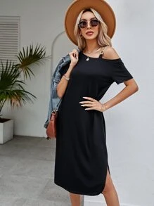 SHEIN LUNE Solid Chain Detail Asymmetrical Neck Dress - Black - View 4