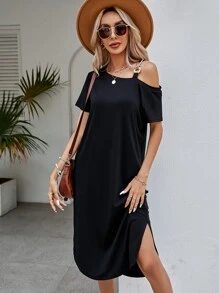 SHEIN LUNE Solid Chain Detail Asymmetrical Neck Dress - Black - View 6