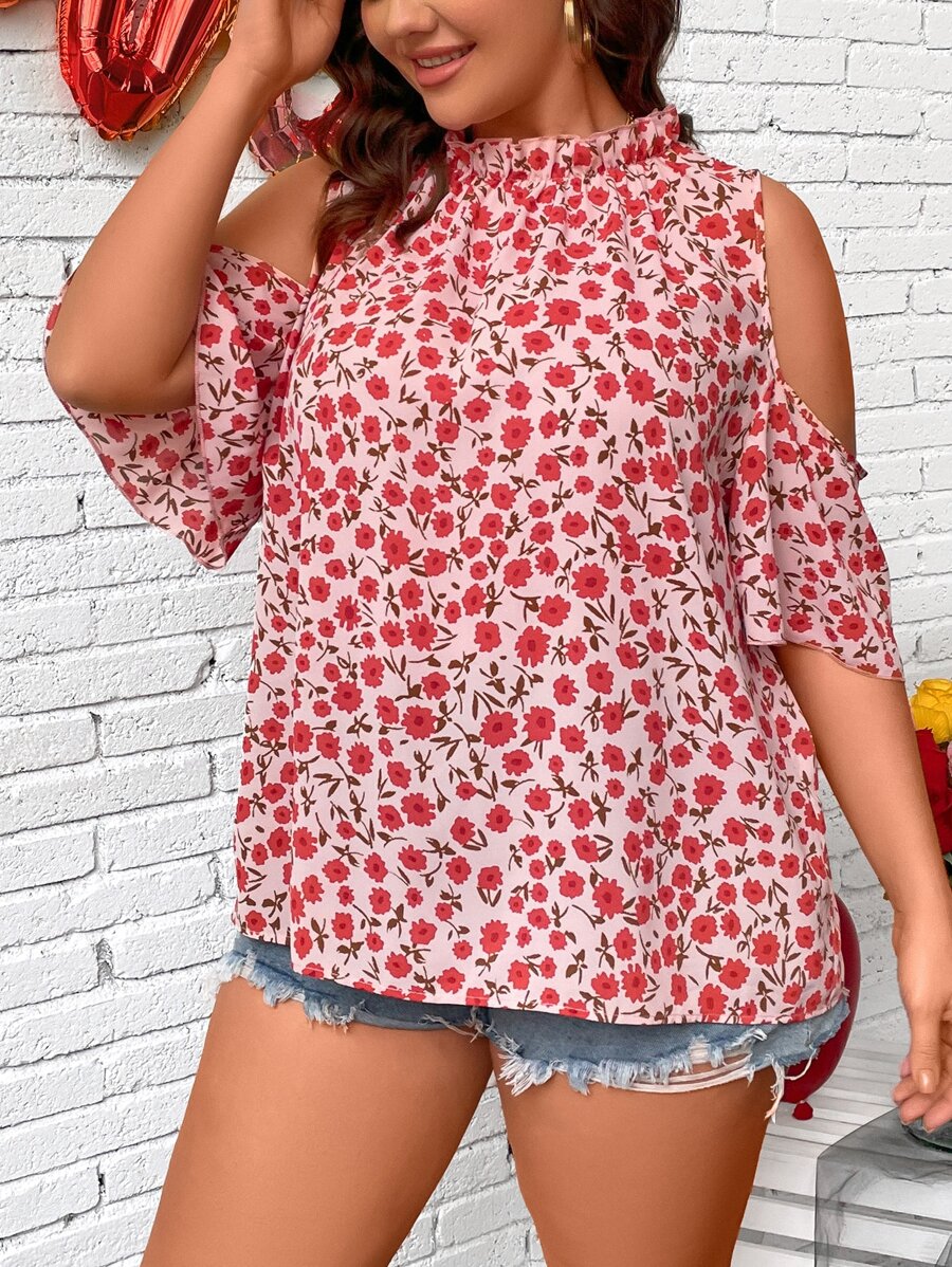 SHEIN LUNE Plus Allover Floral Print Cold Shoulder Blouse - Multicolor - View 1
