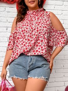 SHEIN LUNE Plus Allover Floral Print Cold Shoulder Blouse - Multicolor - View 3