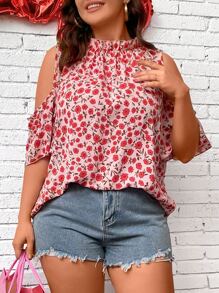 SHEIN LUNE Plus Allover Floral Print Cold Shoulder Blouse - Multicolor - View 4