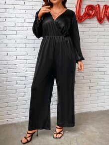 SHEIN LUNE Plus Lantern Sleeve Wide Leg Jumpsuit - Black - View 1
