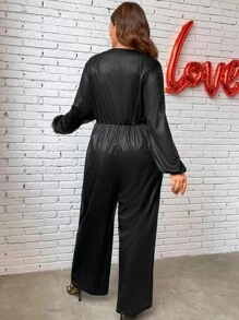 SHEIN LUNE Plus Lantern Sleeve Wide Leg Jumpsuit - Black - View 2