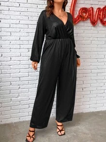 SHEIN LUNE Plus Lantern Sleeve Wide Leg Jumpsuit - Black - View 3