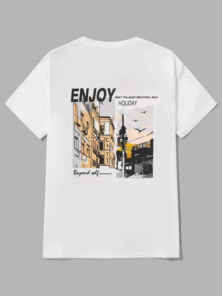 Manfinity Men Building & Slogan Graphic Tee - White - View 1