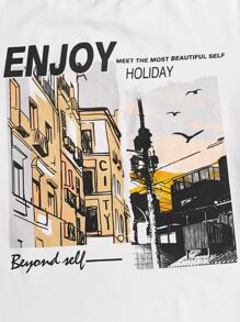 Manfinity Men Building & Slogan Graphic Tee - White - View 4