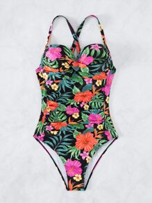 Tropical Print Crisscross Back One Piece Swimsuit - Multicolor - View 6