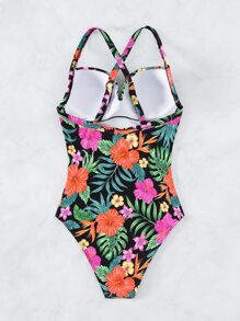 Tropical Print Crisscross Back One Piece Swimsuit - Multicolor - View 5