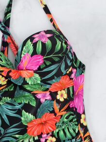 Tropical Print Crisscross Back One Piece Swimsuit - Multicolor - View 4