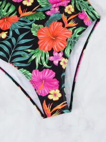 Tropical Print Crisscross Back One Piece Swimsuit - Multicolor - View 3