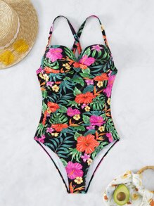 Tropical Print Crisscross Back One Piece Swimsuit - Multicolor - View 7