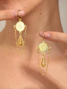 Pendientes largos redondos con textura de metal - Amarillo Oro - Ver 3