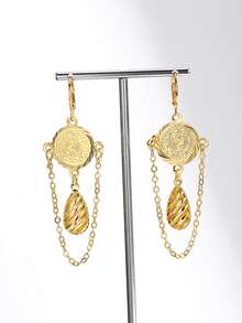 Pendientes largos redondos con textura de metal - Amarillo Oro - Ver 6