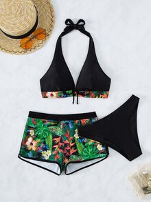 熱帶印花綁帶前胸式仙人掌夏日沙灘比基尼套裝附短褲 - 彩色 - 查看 7