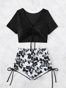 Conjunto de bikini de cintura alta con cordón y estampado floral para playa de verano - Blanco y Negro - Ver 3