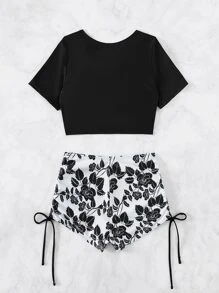 Conjunto de bikini de cintura alta con cordón y estampado floral para playa de verano - Blanco y Negro - Ver 4
