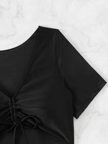 Conjunto de bikini de cintura alta con cordón y estampado floral para playa de verano - Blanco y Negro - Ver 6