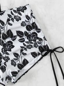 Conjunto de bikini de cintura alta con cordón y estampado floral para playa de verano - Blanco y Negro - Ver 7
