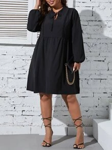 SHEIN LUNE Plus Tie Neck Lantern Sleeve Dress - Black - View 3