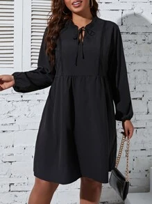 SHEIN LUNE Plus Tie Neck Lantern Sleeve Dress - Black - View 4