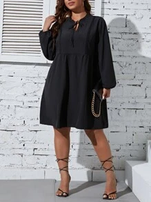 SHEIN LUNE Plus Tie Neck Lantern Sleeve Dress - Black - View 5