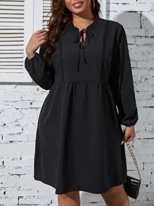 SHEIN LUNE Plus Tie Neck Lantern Sleeve Dress - Black - View 6