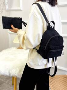 chiếc Ba lô cổ điển tối giản nhỏ gọn có ví đựng tiền xu, Ba lô làm việc bằng vải nhung màu trơn thời trang và đa năng dành cho nữ Ba lô đi học chống thấm nước, Ba lô du lịch cho thanh thiếu niên Ba lô máy tính xách tay chống thấm nước Daypack Túi đeo vai dành cho sinh viên đại học - màu đen - Xem 2