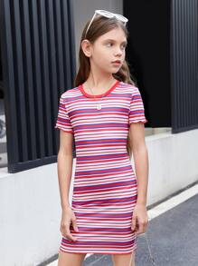 SHEIN Girls Striped Print Dress - Multicolor - View 5