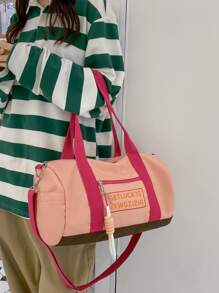 Colourblock Letter Print Duffel Bag - Pink - View 1