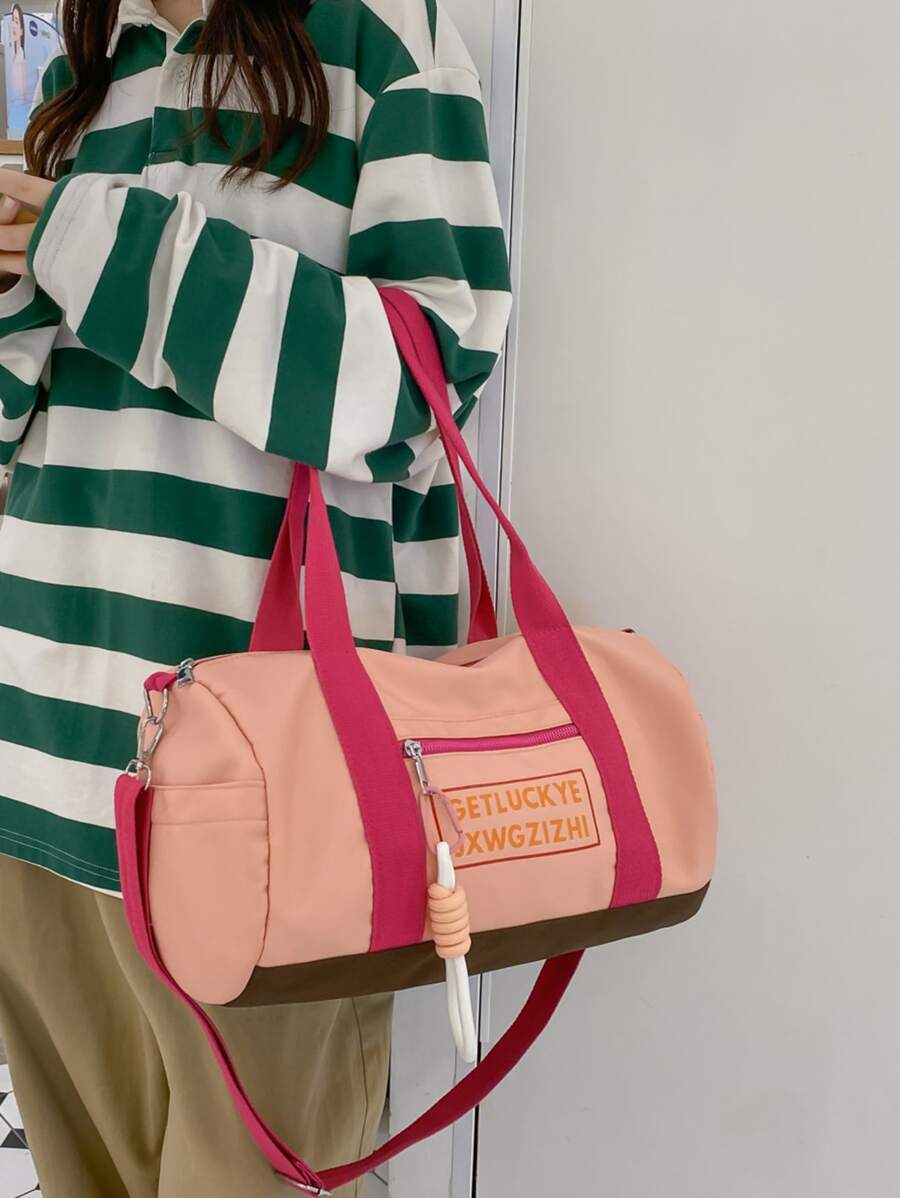 Colourblock Letter Print Duffel Bag - Pink - View 1