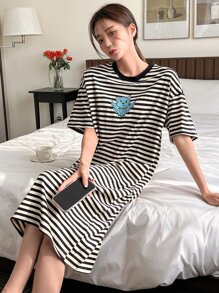 DAZY Striped & Cartoon Print Drop Shoulder Lounge Dress - Multicolor - View 1