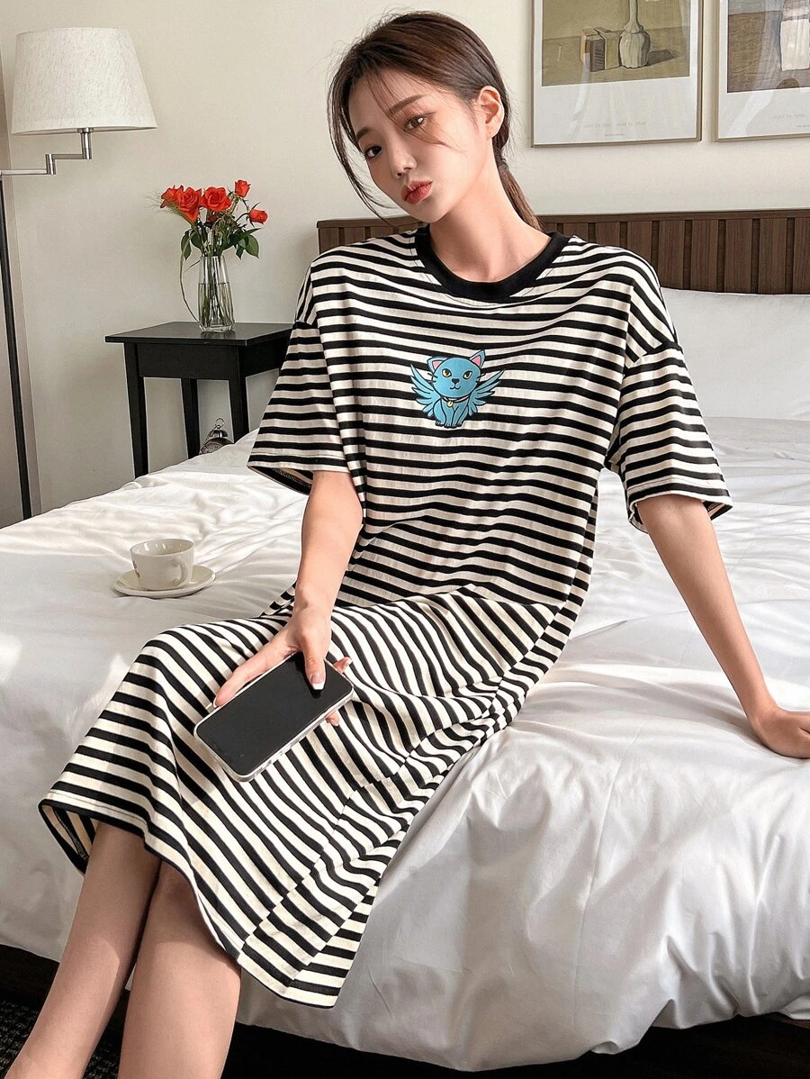 DAZY Striped & Cartoon Print Drop Shoulder Lounge Dress - Multicolor - View 1