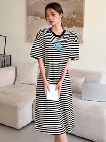 DAZY Striped & Cartoon Print Drop Shoulder Lounge Dress - Multicolor - View 3