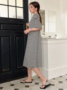 DAZY Striped & Cartoon Print Drop Shoulder Lounge Dress - Multicolor - View 4