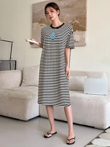 DAZY Striped & Cartoon Print Drop Shoulder Lounge Dress - Multicolor - View 6