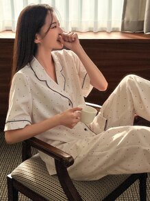 DAZY Bộ đồ ngủ Nữ Tương phản ràng buộc Nút phía trước Tương phản ren Chấm bi Giải trí - Màu be - Xem 2