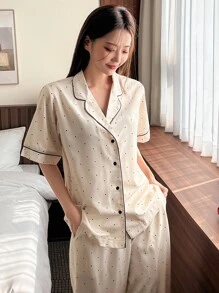 DAZY Bộ đồ ngủ Nữ Tương phản ràng buộc Nút phía trước Tương phản ren Chấm bi Giải trí - Màu be - Xem 3