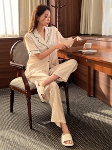 DAZY Bộ đồ ngủ Nữ Tương phản ràng buộc Nút phía trước Tương phản ren Chấm bi Giải trí - Màu be - Xem 4