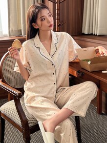 DAZY Bộ đồ ngủ Nữ Tương phản ràng buộc Nút phía trước Tương phản ren Chấm bi Giải trí - Màu be - Xem 7