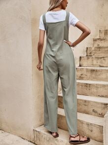 SHEIN LUNE 前紐扣闊腿連體褲不帶T恤 - 軍綠色 - 查看 2