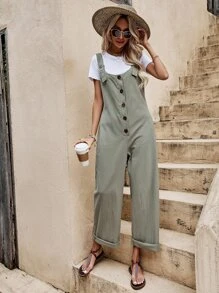 SHEIN LUNE 前紐扣闊腿連體褲不帶T恤 - 軍綠色 - 查看 5
