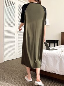 DAZY Slogan Graphic Raglan Sleeve Nightdress - Army Green - View 2