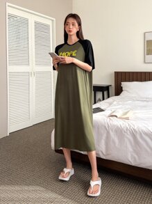 DAZY Slogan Graphic Raglan Sleeve Nightdress - Army Green - View 8