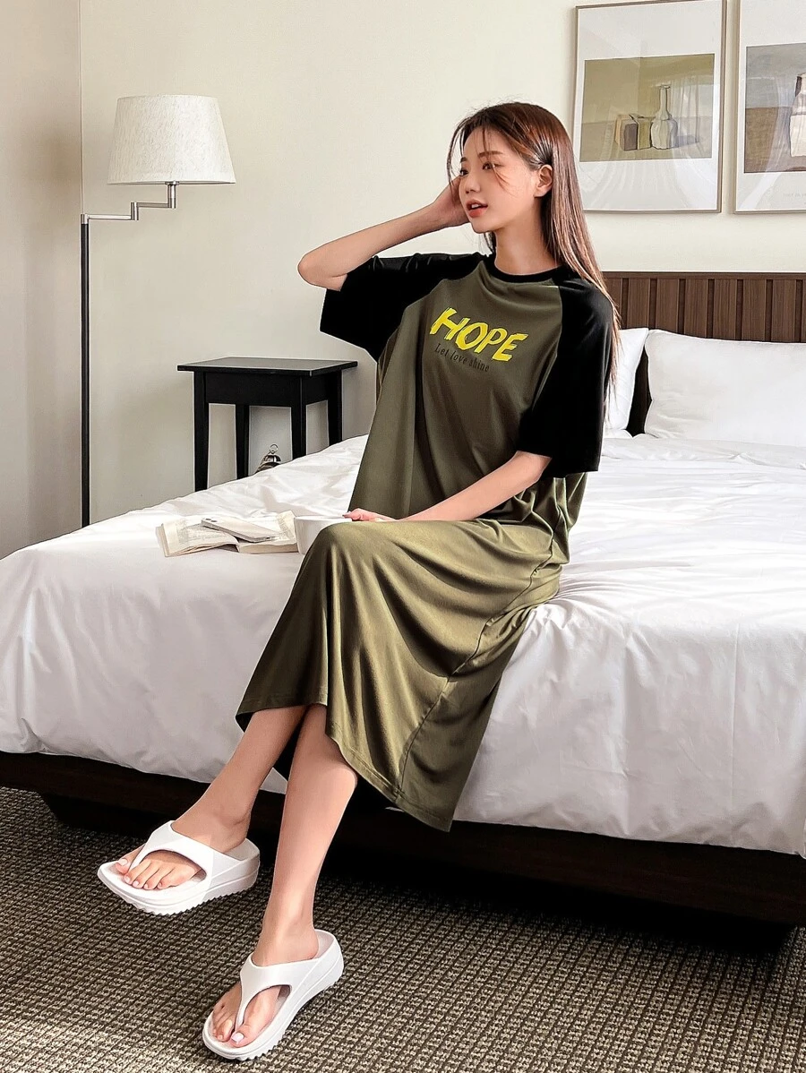 DAZY Slogan Graphic Raglan Sleeve Nightdress - Army Green - View 1