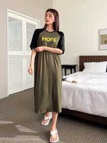 DAZY Slogan Graphic Raglan Sleeve Nightdress - Army Green - View 4