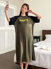 DAZY Slogan Graphic Raglan Sleeve Nightdress - Army Green - View 6
